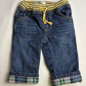 Baby Boden Blue Jeans with Yellow and Plaid Accents